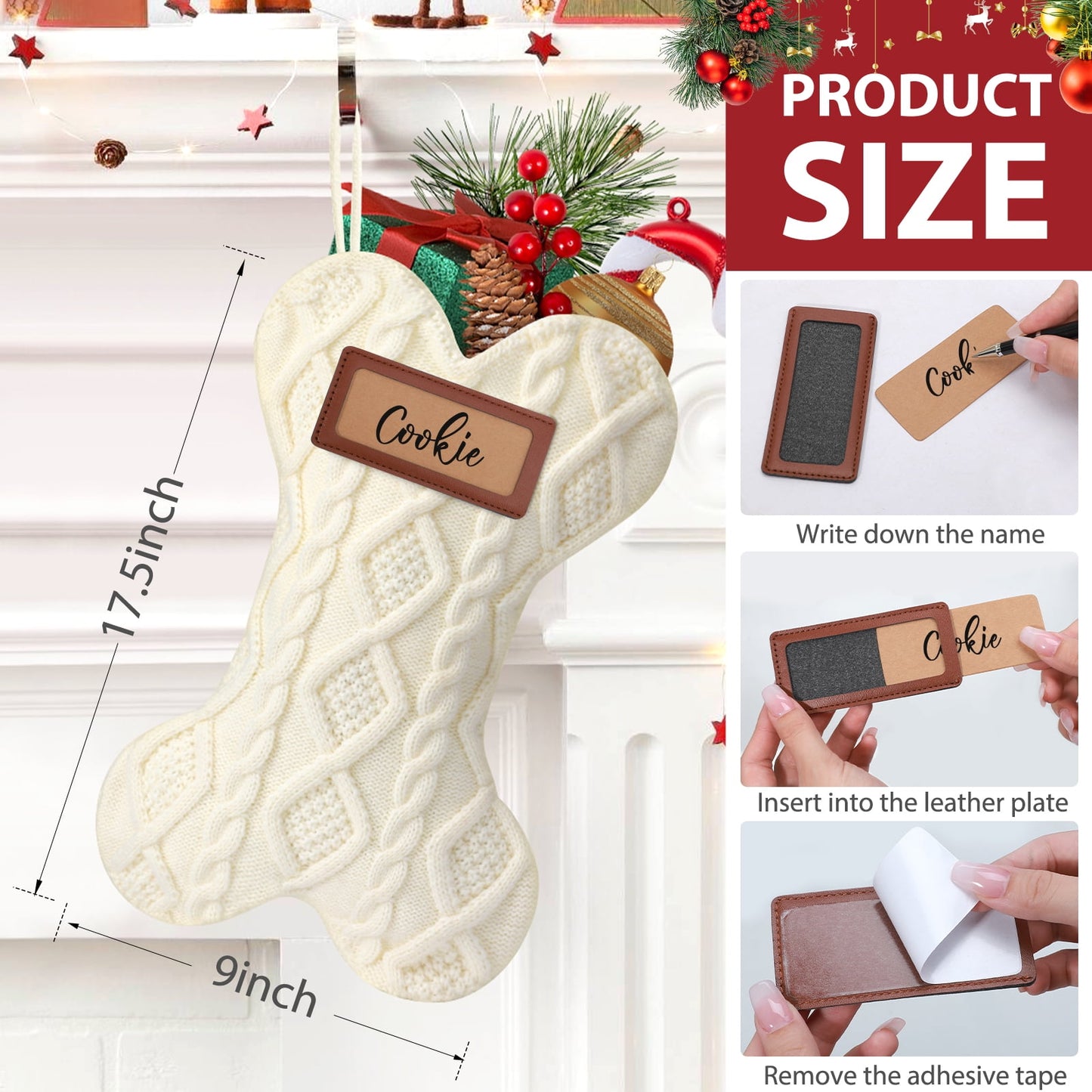 Ayieyill 18 Inch Dog Christmas Stocking, Bone Shape Stocking Christmas for Dog, Large Pet Stockings Hanging Christmas Decorations