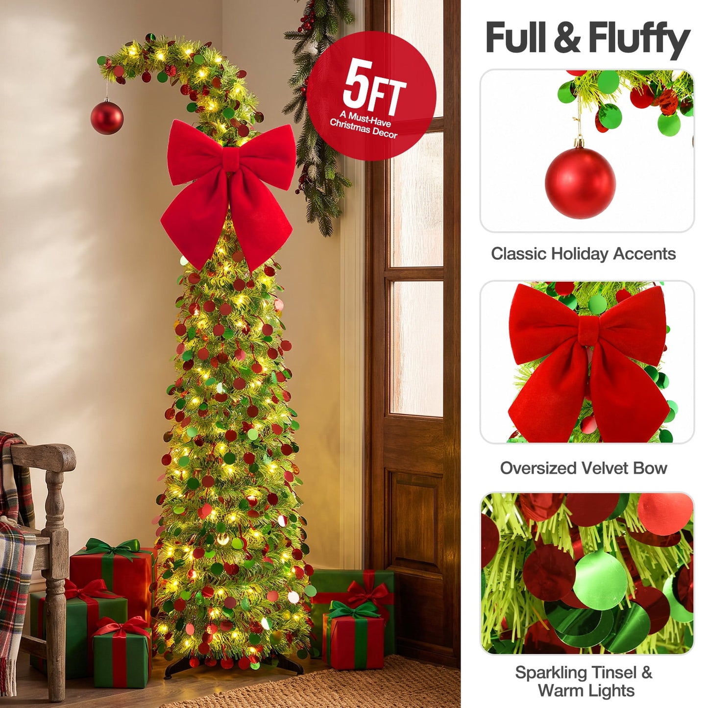 Ayieyill Christmas Tree 5FT Pencil Christmas Tree, Collapsible Pop Up Tinsel Tree for Christmas Decorations Indoor