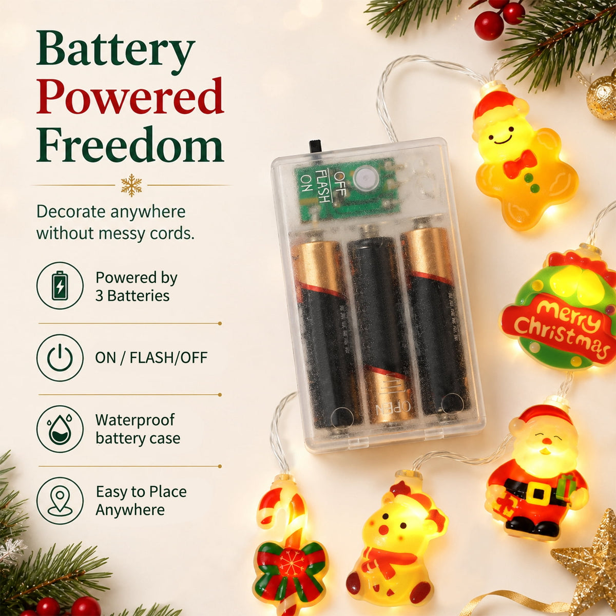Ayieyill Christmas String Lights Decor, 9.8FT 20 LED, 8 Flashing Modes, Waterproof Battery Box with Remote Control, Christmas Decorations Indoor Outdoor(Warm White)