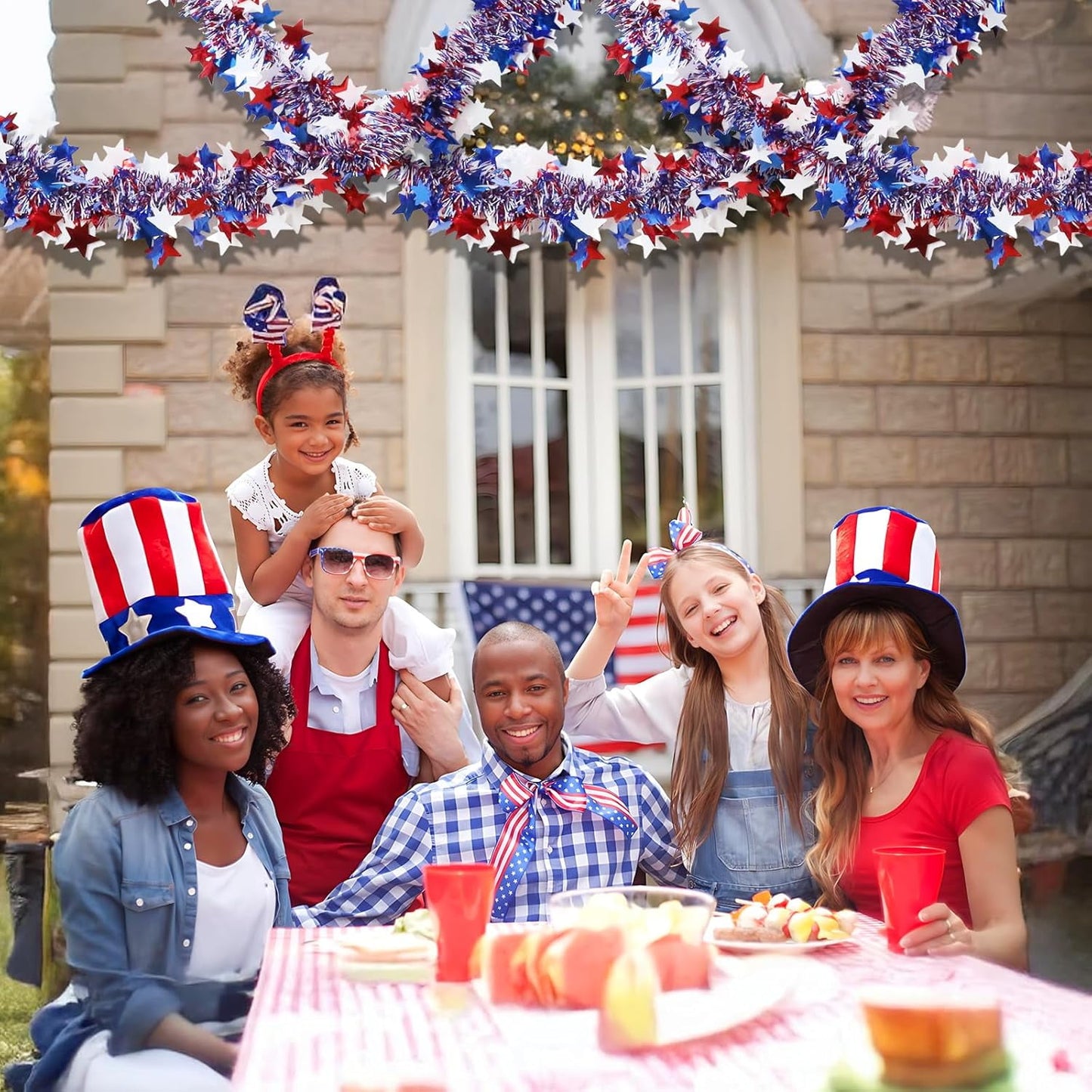 Ayieyill 4th of July Garland Patriotic Decorations, Glitter Metallic Tinsel Twist Patriotic Garland, 4th of July Decorations for Parade Float, Wndows, Doors, Stairs, Fireplaces