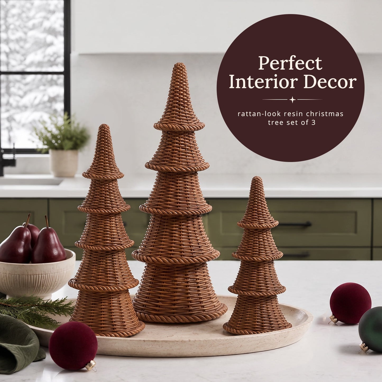 Ayieyill 3 Pcs Woven Christmas Tree Decor Rustic Christmas Tabletop Decor, Farmhouse Table Centerpiece