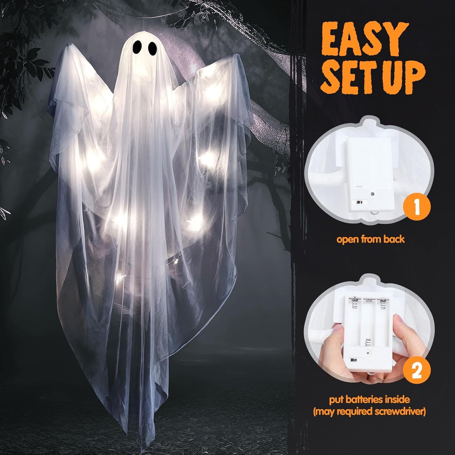 Ayieyill Halloween Ghost Decor with Blue LED Light, 47” Light up Hanging Ghost Halloween Yard Porch Decorations Outdoor