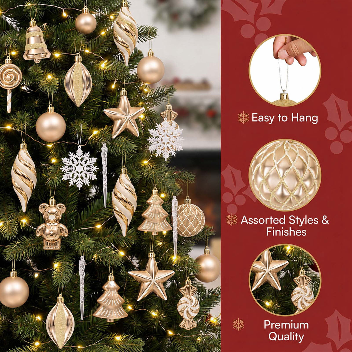 Ayieyill 40ct Christmas Ball Ornaments, Candy Cane Christmas Ornament Set, Shatterproof Christmas Ball with Rope for Tree