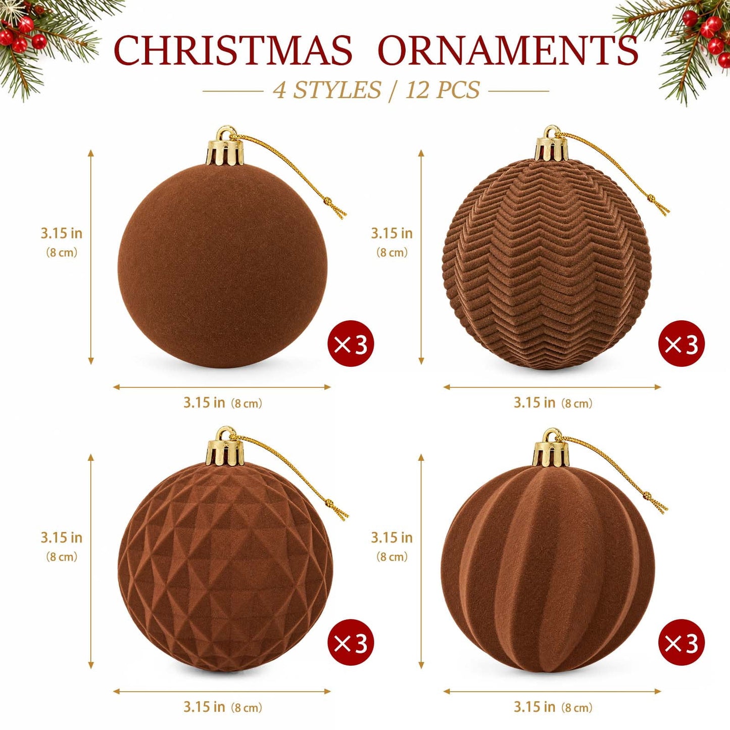 Ayieyill 12 Pack Christmas Ball Ornaments, Flocked Christmas Tree Ornaments, Christmas Hanging Ornaments for Christmas Decorations Indoor