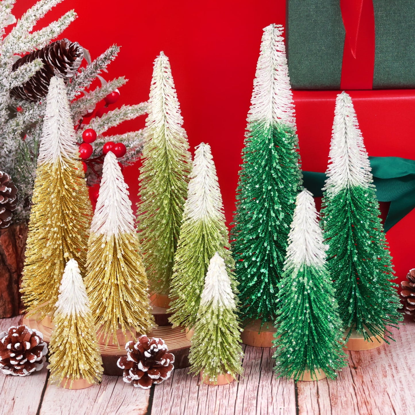 Ayieyill 9pcs Tabletop Mini Christmas Tree Set Christmas Decorations,  Artificial Christmas Tree Bottle Brush Trees