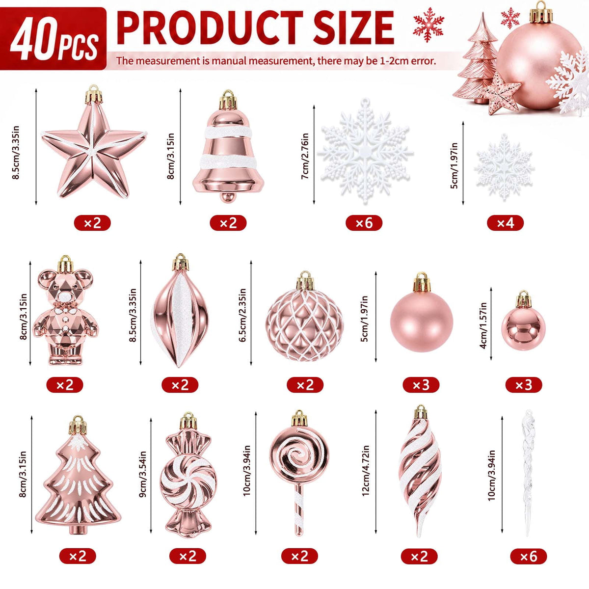 Ayieyill 40ct Christmas Ball Ornaments, Candy Cane Christmas Ornament Set, Shatterproof Christmas Ball with Rope for Tree