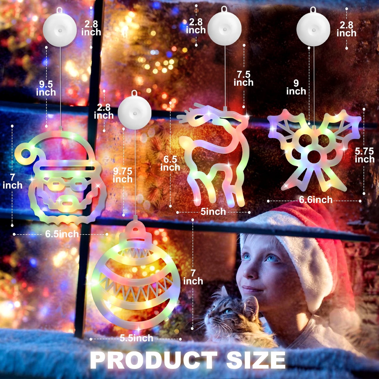 Ayieyill Christmas Window Decorations Lighted Indoor, Christmas Window Clings with Suction Cup | 4 Pcs