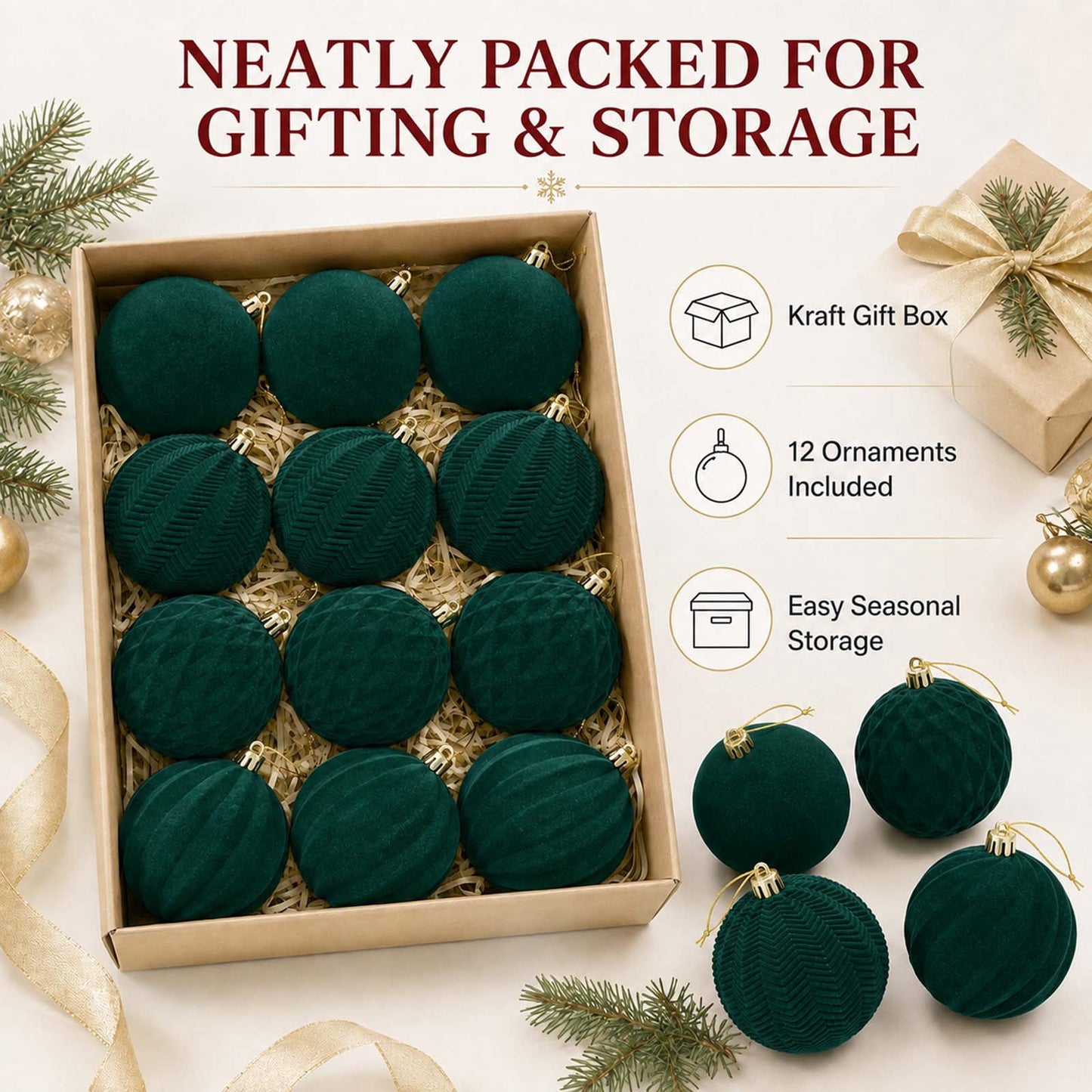 Ayieyill 12 Pack Christmas Ball Ornaments, Flocked Christmas Tree Ornaments, Christmas Hanging Ornaments for Christmas Decorations Indoor