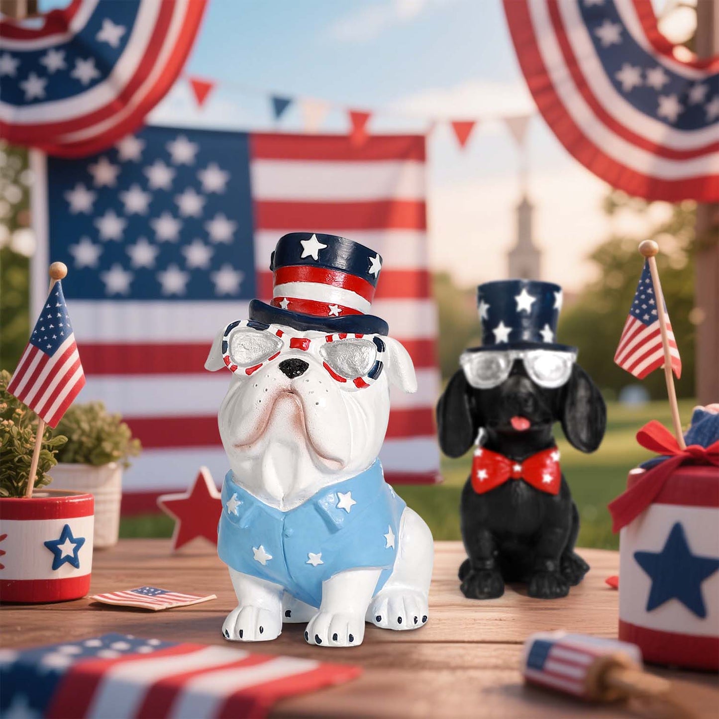 Ayieyill 3pcs 4th of July Patriotic Dog Figurines, Fourth of July Independence Day Decorations, Memorial Day Decor, White
