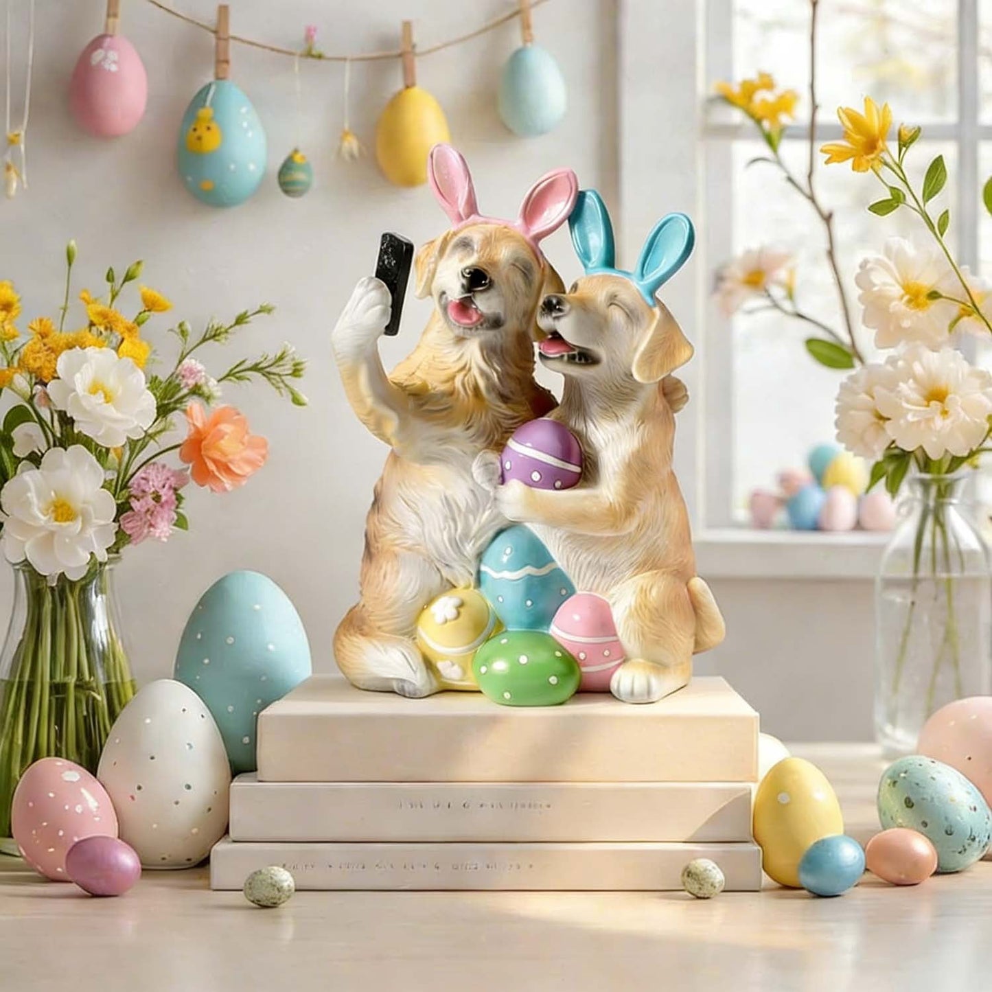 Ayieyill Easter Decor Dog Figurine, Romantic Couple Spring Decorations Dog Easter Decorations for Tabletop, Lawn, Holiday Decoration