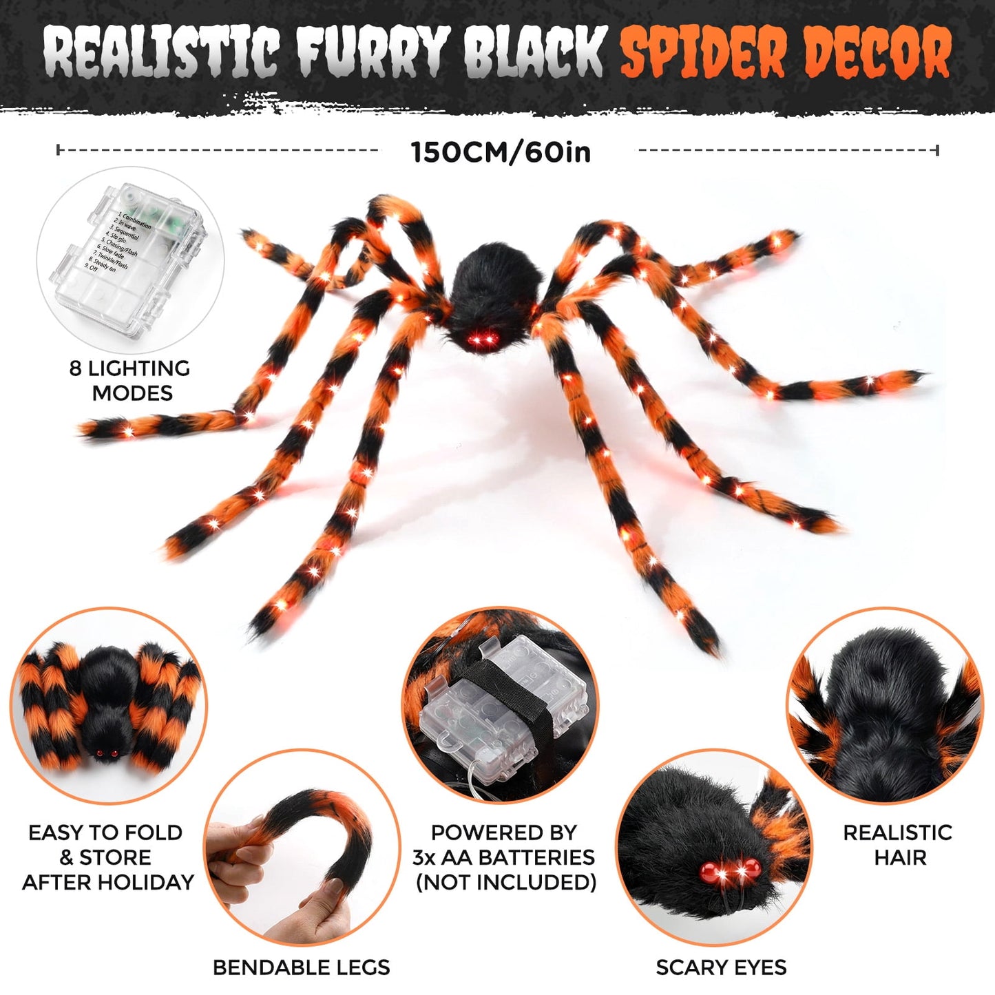 Ayieyill 5ft Giant Light-up Halloween Spider, Scary Hairy Fabric Spider for Indoor Outdoor Yard Haunted House Decor