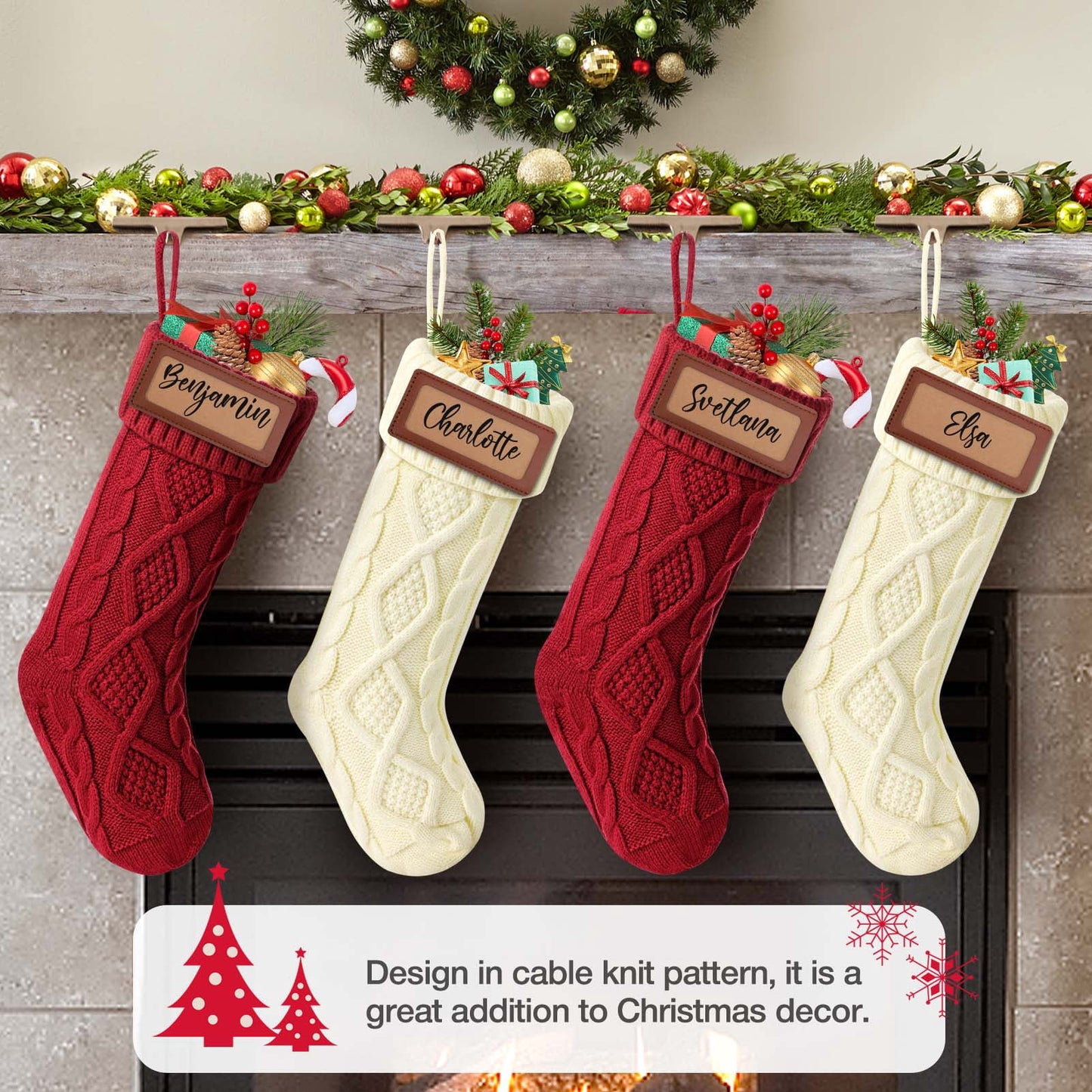 Ayieyill 6Pack Christmas Stockings, 18" Large Knitted Stocking Personalized Xmas Hanging Stocking Decorations with Name Leather Patches for Holiday Christmas Party Family Decor