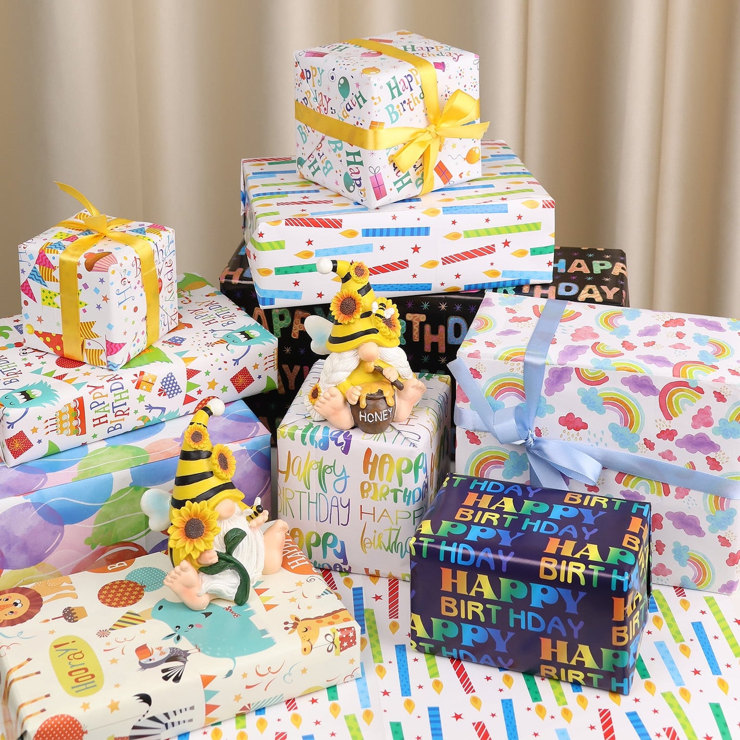 Ayieyill Birthday Wrapping Paper Roll Set of 15 with Ribbon and Tape, Gift Wrap for Happy Birthday Present