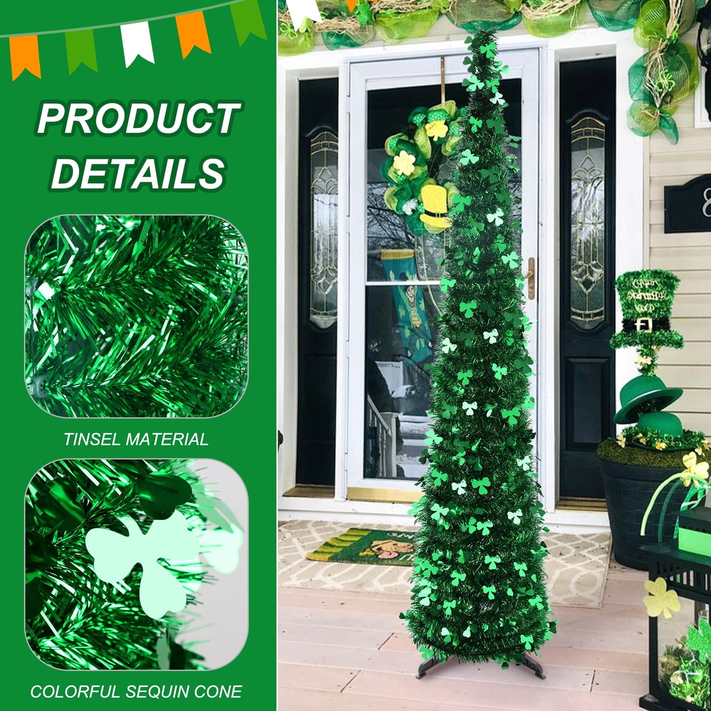 Ayieyill 5 ft St. Patrick's Day Pop up Tree Artificial Green Collapsible Christmas Tree Slim Pencil Tinsel Trees