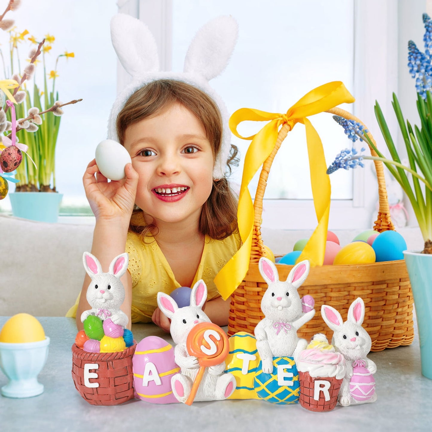 Ayieyill Easter Decor Bunny Eggs, Cute Spring Resin Bunny Figurines Tabletop for Easter Holiday Decoration