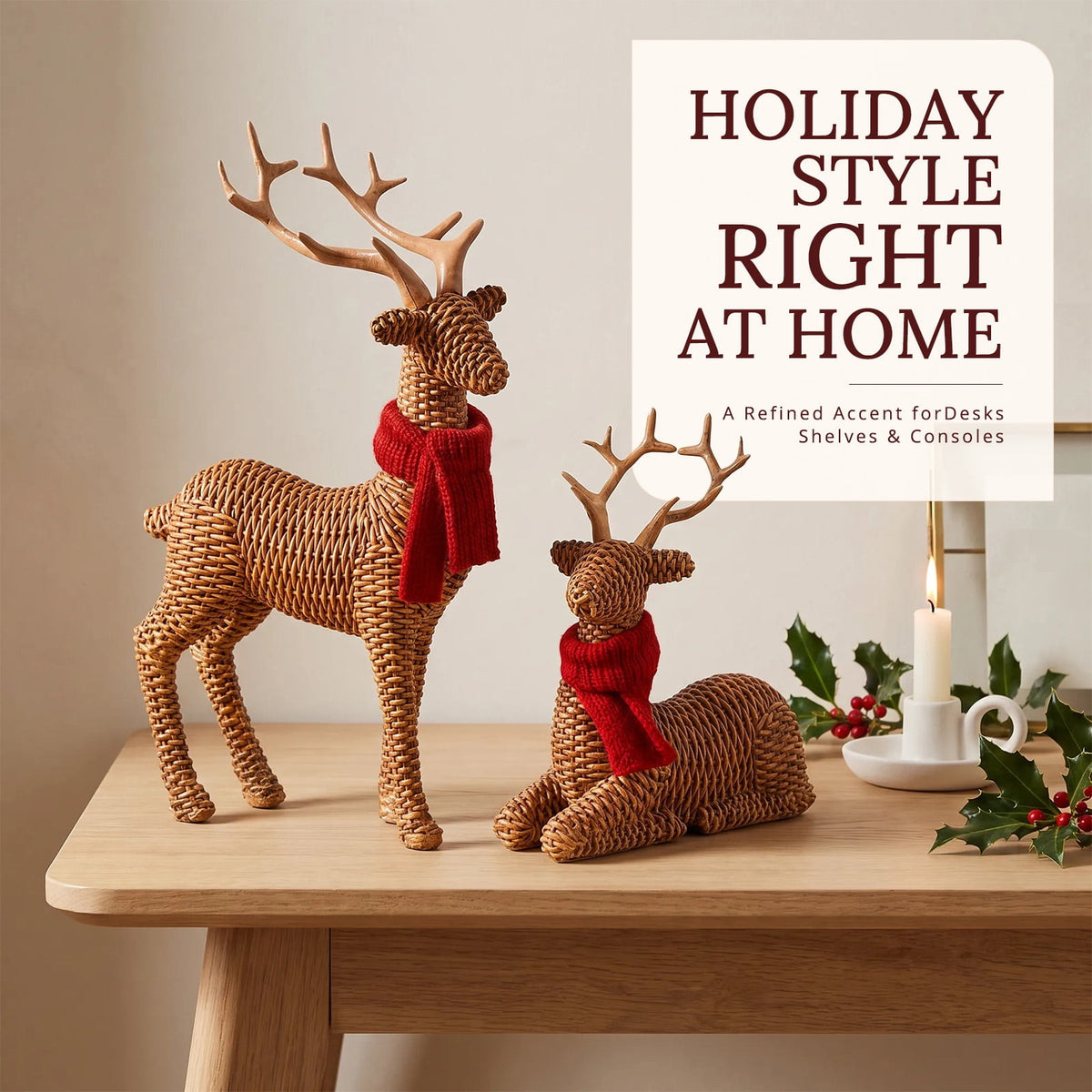 Ayieyill Christmas Reindeer Decorations, 2 Pcs Reindeer Figurines, Resin Christmas Deer Decor with Red Scarf for Christmas Tabletop Decorations Indoor