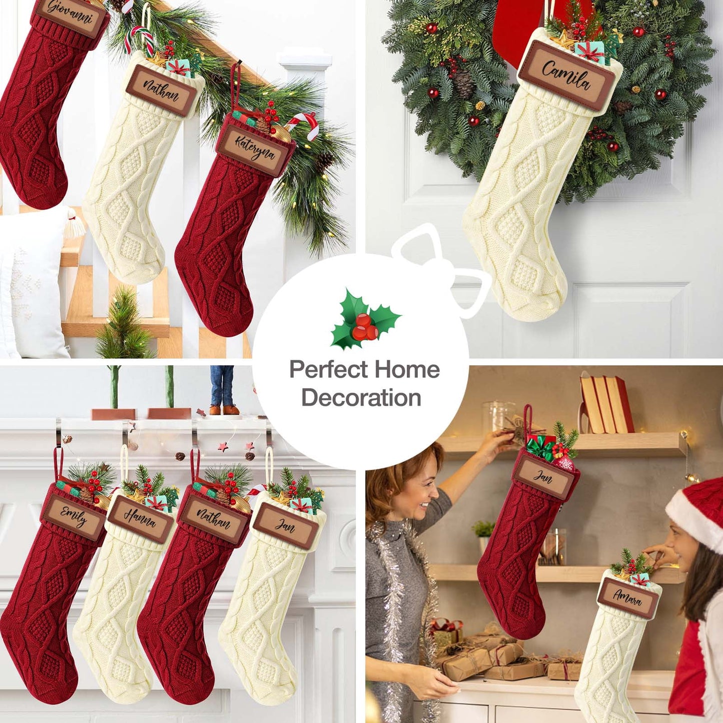 Ayieyill 6Pack Christmas Stockings, 18" Large Knitted Stocking Personalized Xmas Hanging Stocking Decorations with Name Leather Patches for Holiday Christmas Party Family Decor