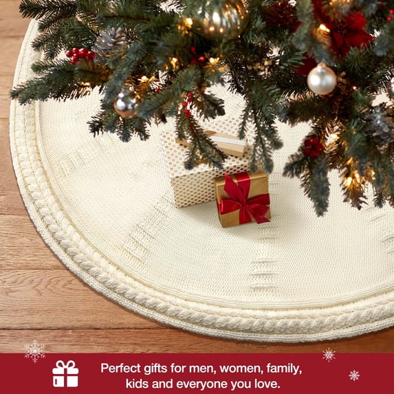 Ayieyill Christmas Tree Skirt, 48 inches White Tree Skirt Luxury Cable Knit Knitted Thick Rustic Xmas Tree Skirt Christmas Decoration, Cream