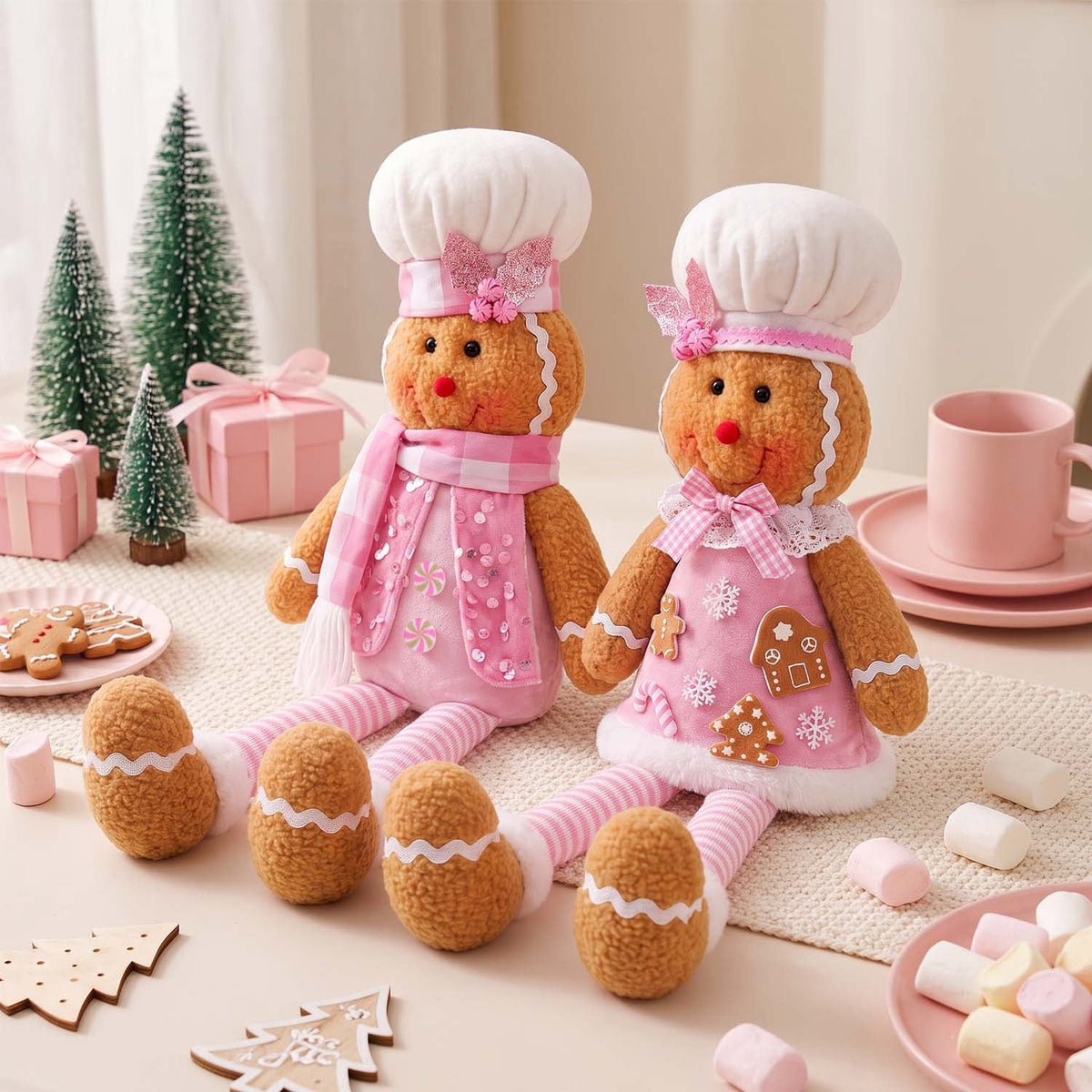 Ayieyill 2Pcs Christmas Gingerbread Man Plush Dolls, Pink Sitting Long Leg Gingerbread Plush, Cute Gingerbread Decor for Christmas Holiday Home Party