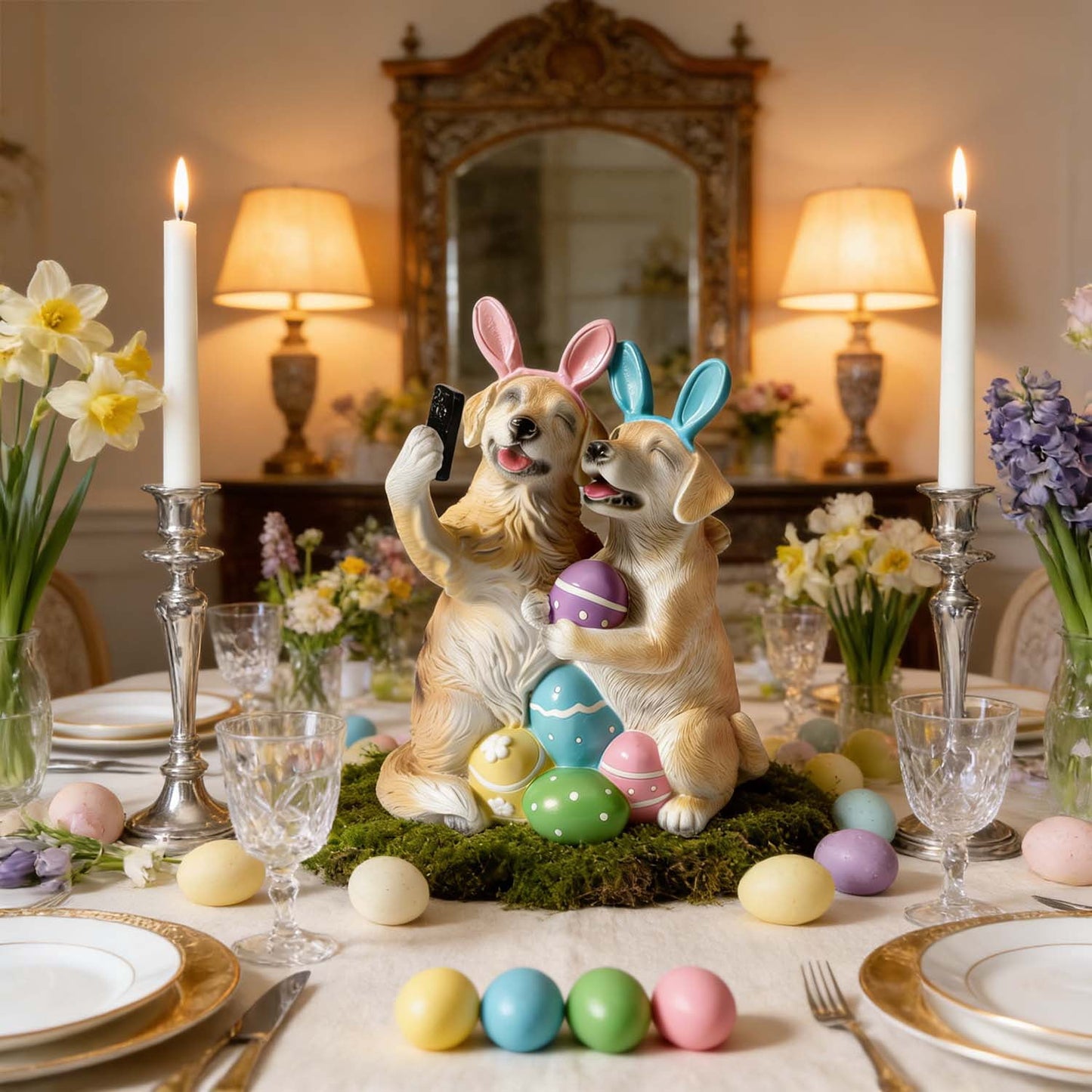 Ayieyill Easter Decor Dog Figurine, Romantic Couple Spring Decorations Dog Easter Decorations for Tabletop, Lawn, Holiday Decoration