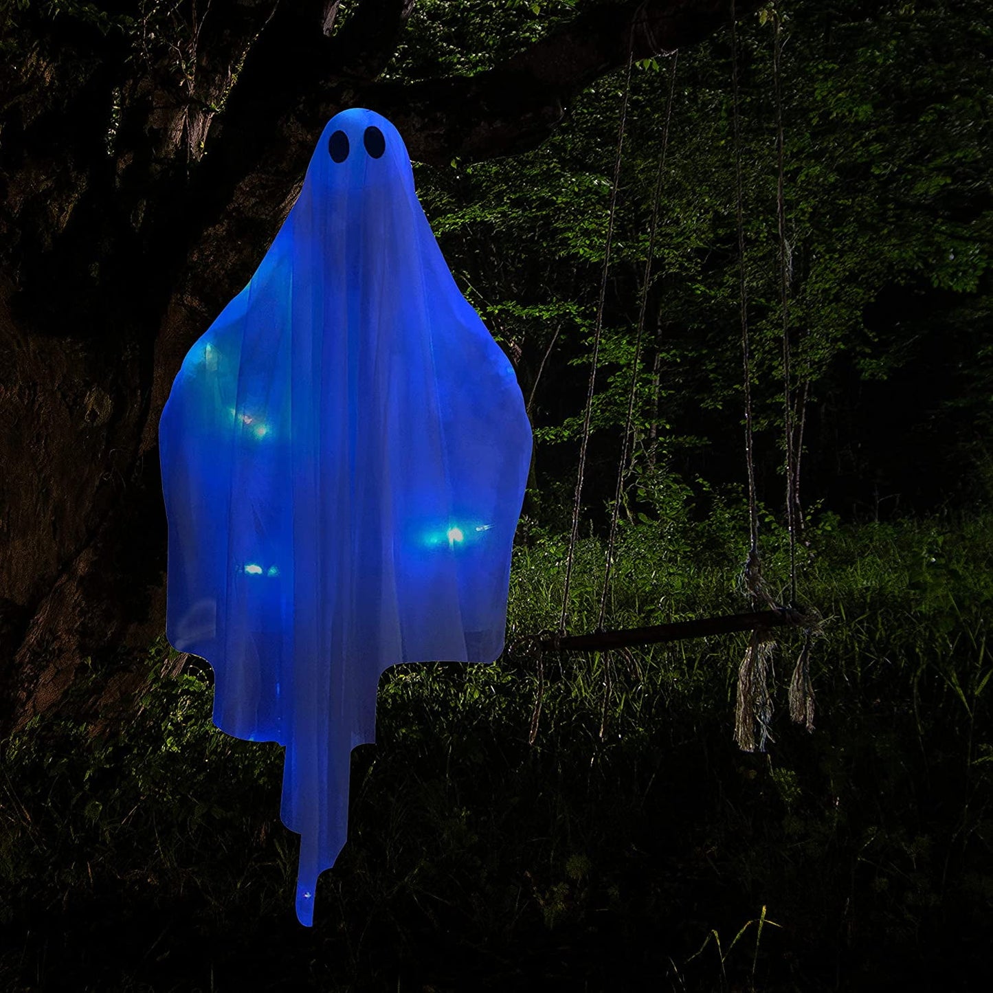 Ayieyill Halloween Ghost Decor with Blue LED Light, 47” Light up Hanging Ghost Halloween Yard Porch Decorations Outdoor