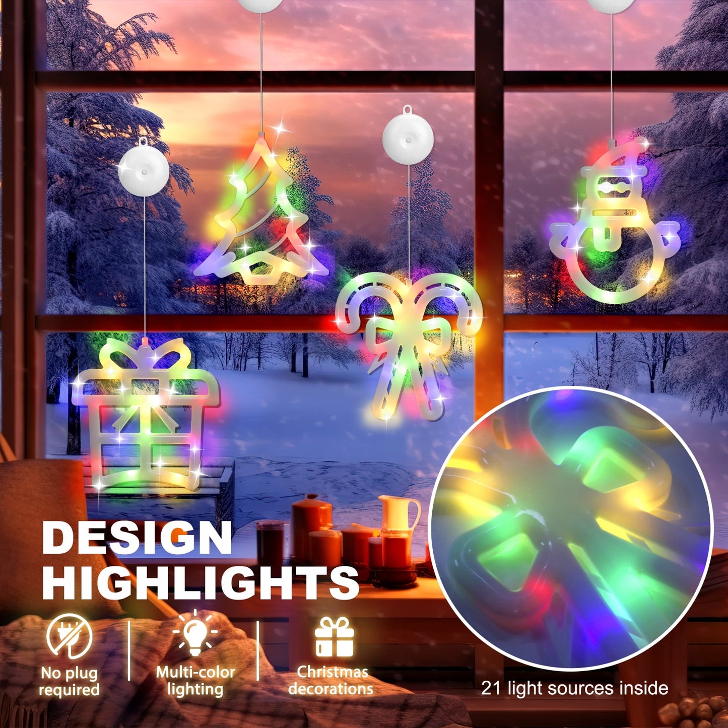 Ayieyill Christmas Window Decorations Lighted Indoor, Christmas Window Clings with Suction Cup | 4 Pcs
