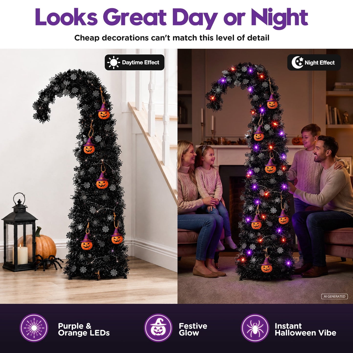 Ayieyill 5ft Pop up Black Halloween Tree, Collapsible Pencil Tree with Spider Web Decor Halloween Decorations