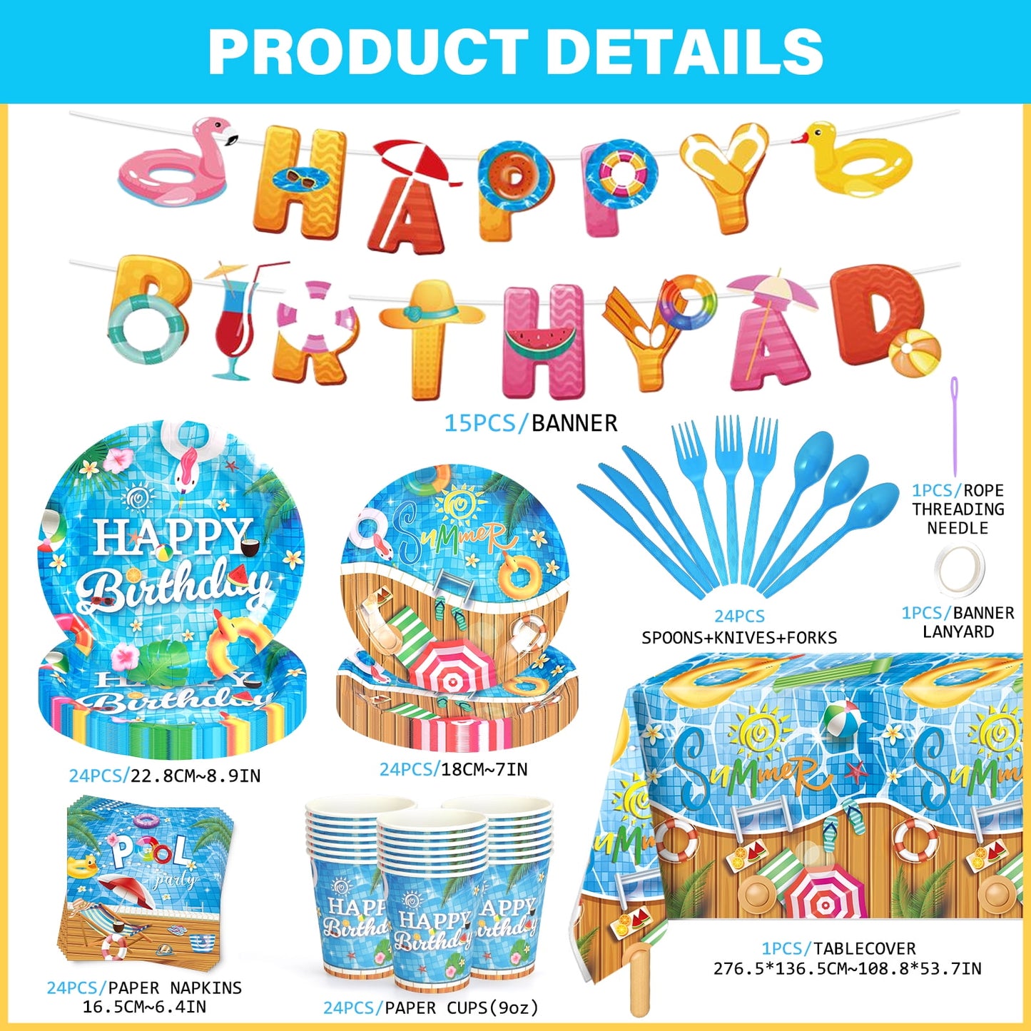 Ayieyill 170Pcs Happy Birthday Decorations Kit, Birthday Party Supplies Set for 24 Guests, Includes Plates and Cups and Napkins Straws Sets
