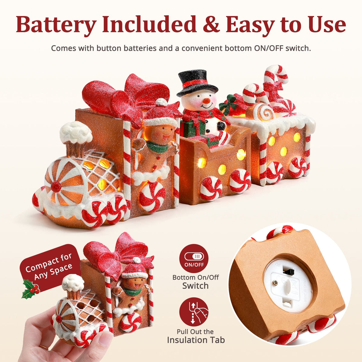 Ayieyill Lighted Gingerbread Train Christmas Decor Set, 3PCS Christmas Train Table Decor, Gingerbread Man Figurine Christmas Train Decoration for Indoor Decoration & Holiday Gift