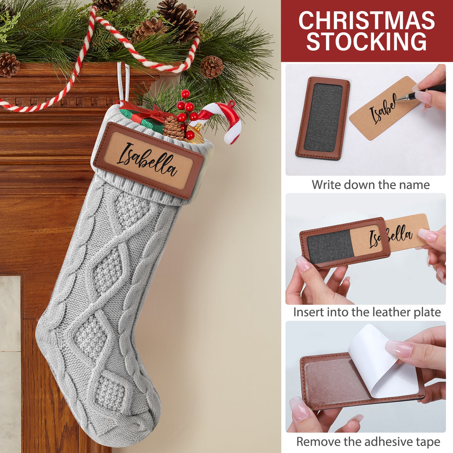 Ayieyill 6Pack Christmas Stockings, 18" Large Knitted Stocking Personalized Xmas Hanging Stocking Decorations with Name Leather Patches for Holiday Christmas Party Family Decor