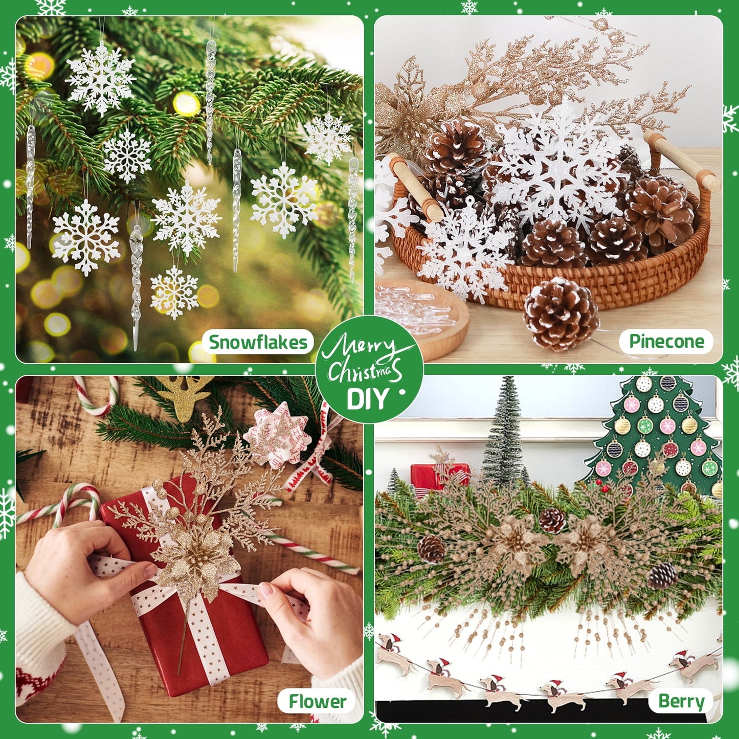 Ayieyill 84Pcs Christmas Tree Decorations Flowers, Artificial Glitter Berry Stems Christmas Pine Cones, Snowflake Icicle Drop Crystal Ornaments