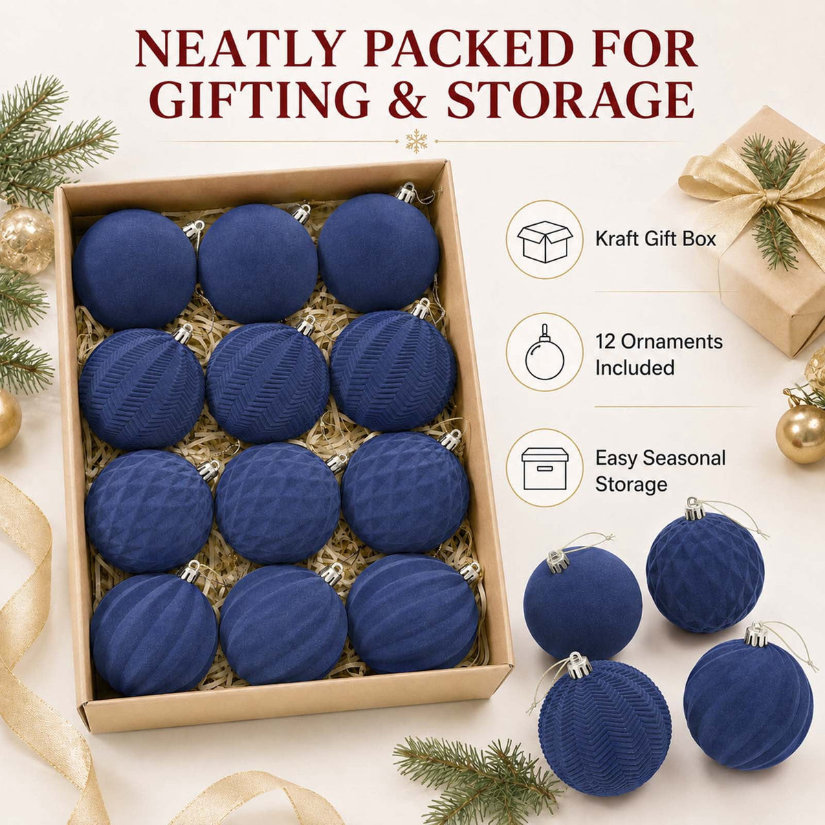 Ayieyill 12 Pack Christmas Ball Ornaments, Flocked Christmas Tree Ornaments, Christmas Hanging Ornaments for Christmas Decorations Indoor