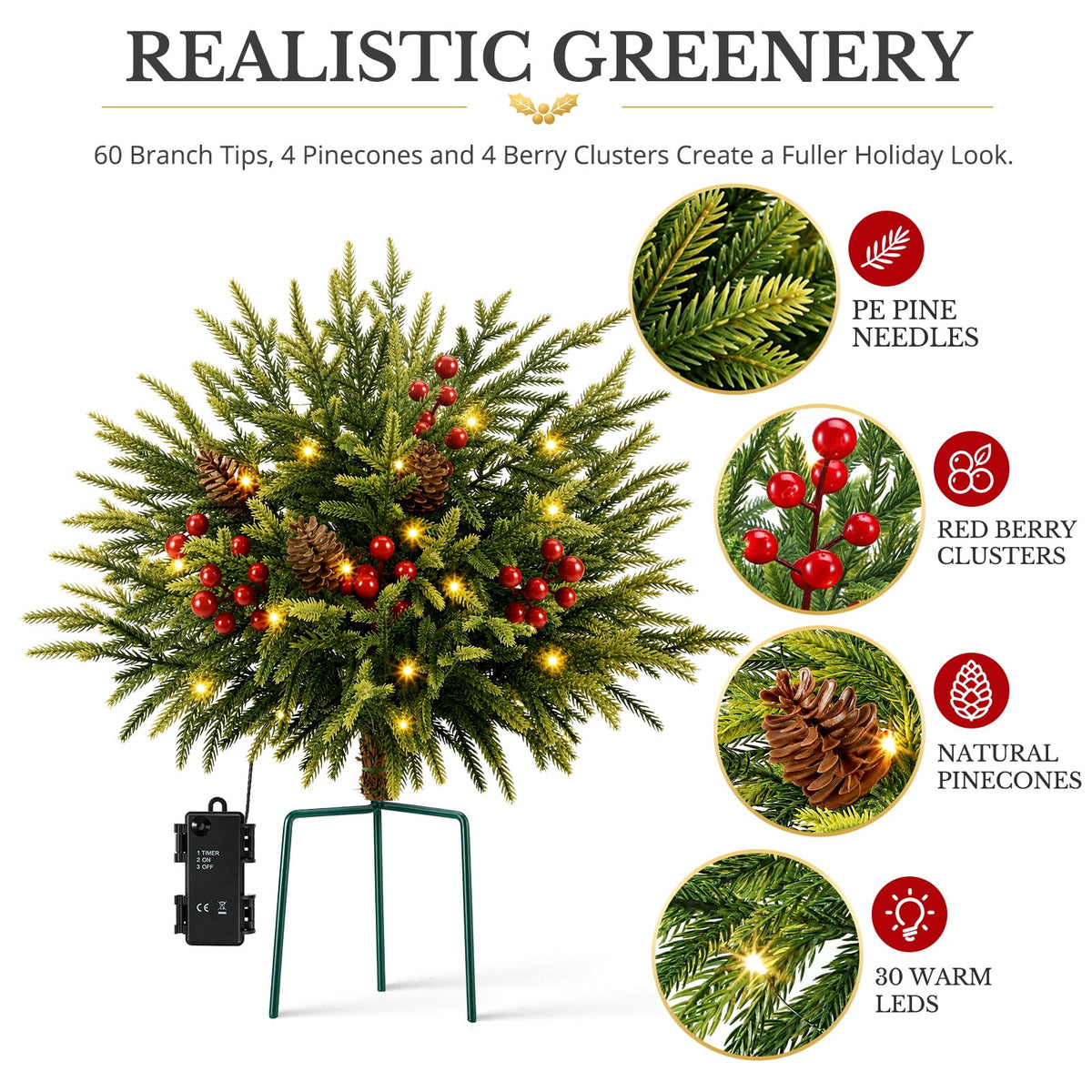 Ayieyill Pre-lit Outdoor Christmas Trees, 2 Pack 24 Inch Pathway Christmas Tree with 30 Lights, Christmas Decorations Outdoor for Driveway, Yard, Garden Decorations(Norfolk)