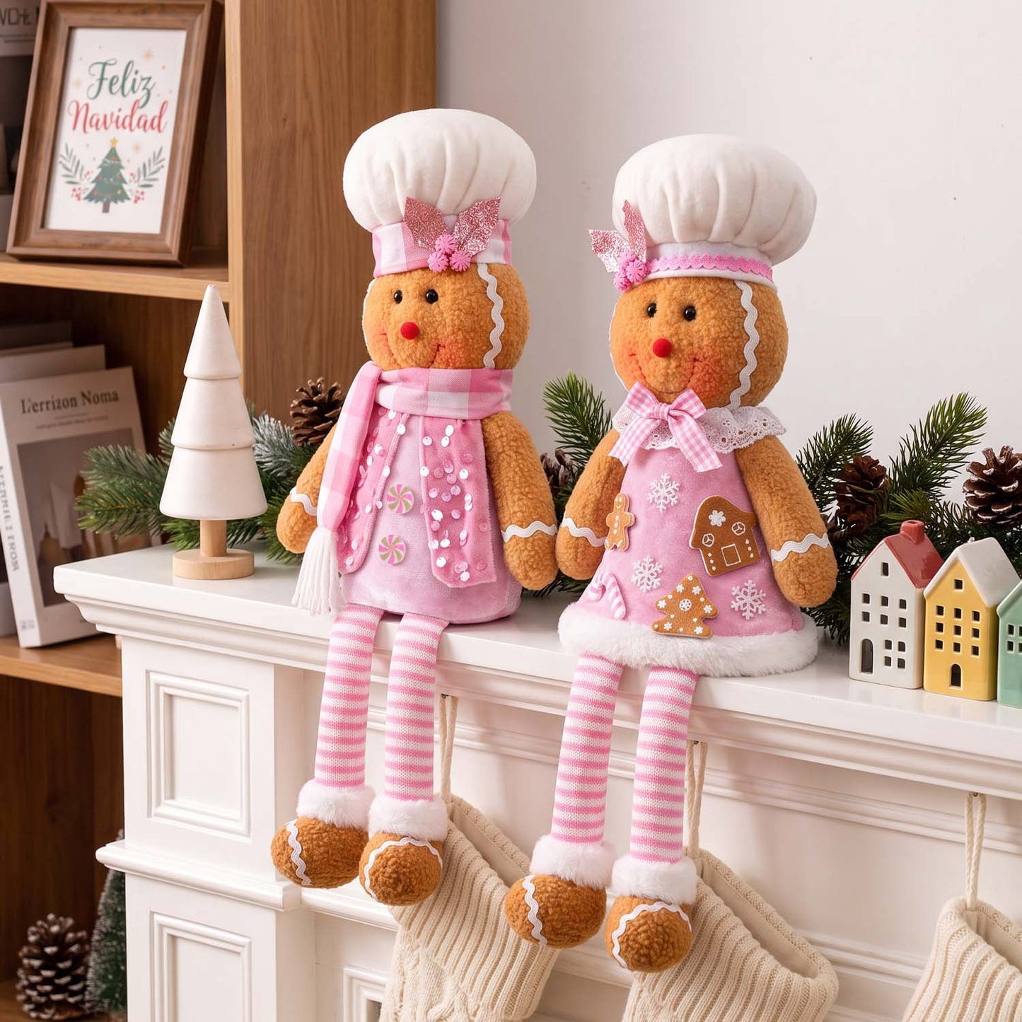 Ayieyill 2Pcs Christmas Gingerbread Man Plush Dolls, Pink Sitting Long Leg Gingerbread Plush, Cute Gingerbread Decor for Christmas Holiday Home Party
