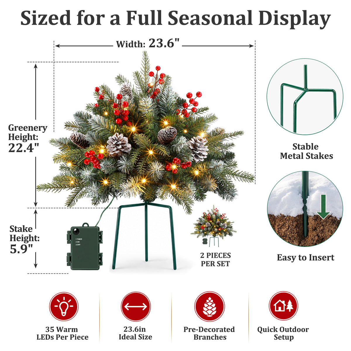 Ayieyill Pre-lit Outdoor Christmas Trees, 2 Pack 24 Inch Pathway Christmas Tree with 35 Lights, Christmas Decorations Outdoor for Driveway, Yard, Garden Decorations(Classic)
