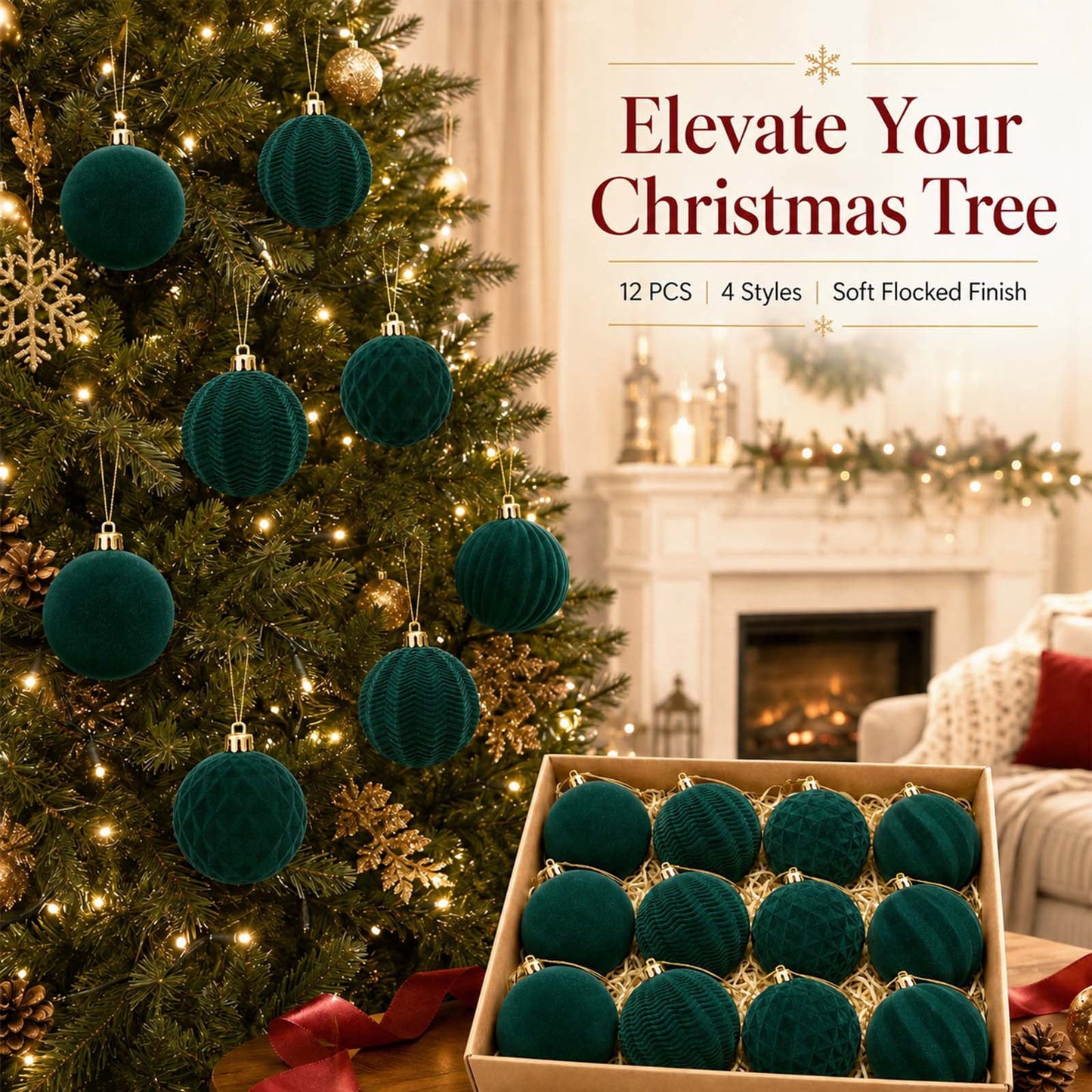 Ayieyill 12 Pack Christmas Ball Ornaments, Flocked Christmas Tree Ornaments, Christmas Hanging Ornaments for Christmas Decorations Indoor