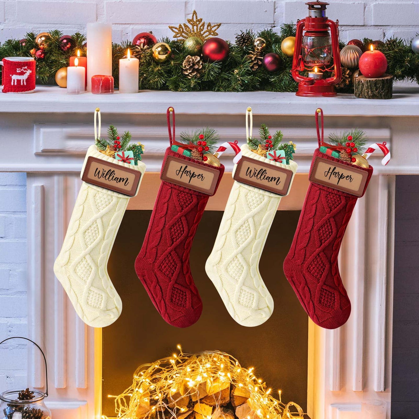 Ayieyill 6Pack Christmas Stockings, 18" Large Knitted Stocking Personalized Xmas Hanging Stocking Decorations with Name Leather Patches for Holiday Christmas Party Family Decor