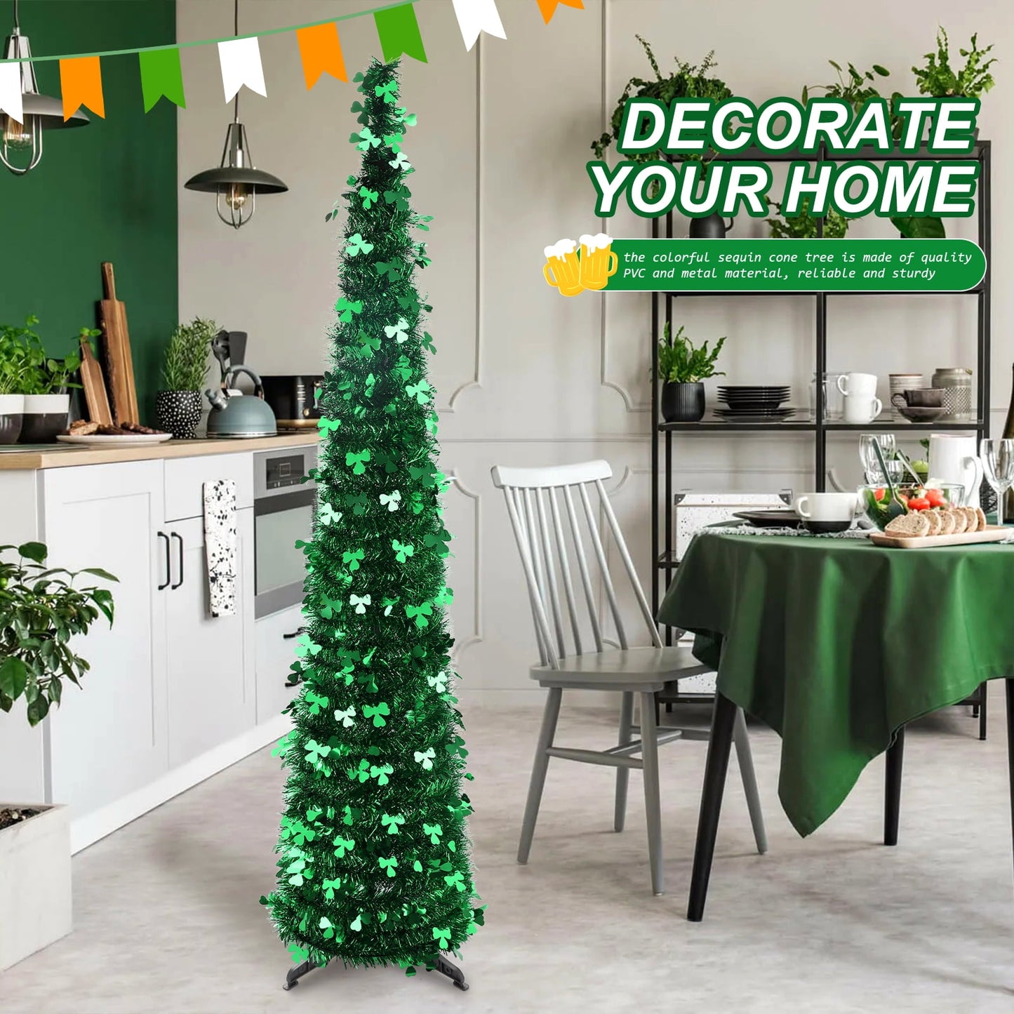 Ayieyill 5 ft St. Patrick's Day Pop up Tree Artificial Green Collapsible Christmas Tree Slim Pencil Tinsel Trees
