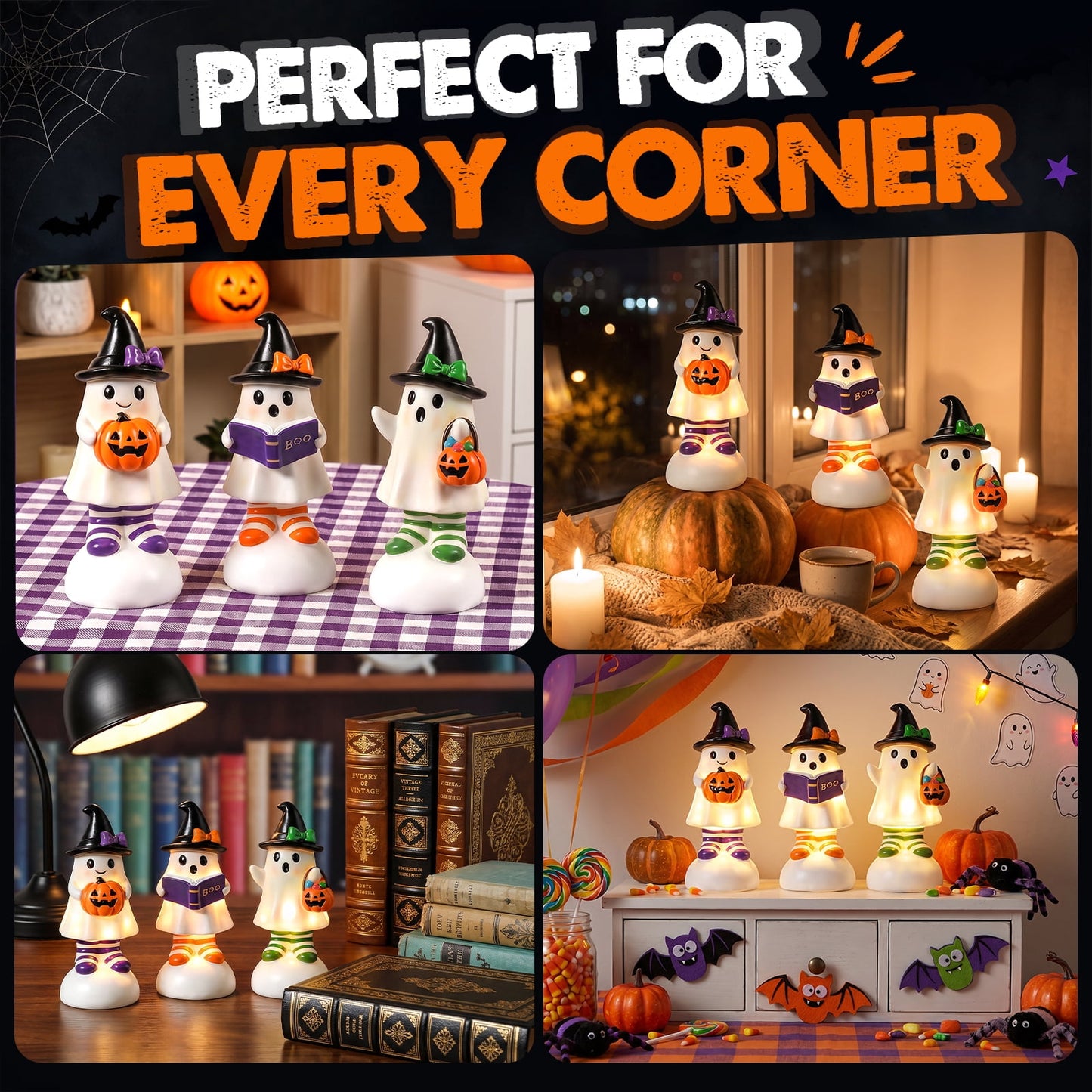 Ayieyill 3pcs Cute Spooky Ceramic Ghost for Halloween Decoration Indoor, Halloween Decorations,Ghost Figurines with Hats - Halloween Table Decorations