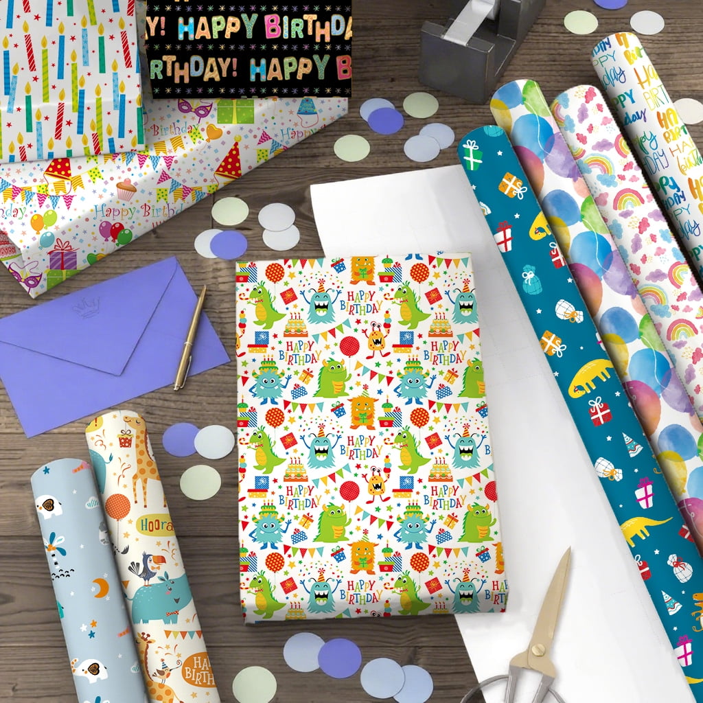 Ayieyill Birthday Wrapping Paper Roll Set of 15 with Ribbon and Tape, Gift Wrap for Happy Birthday Present