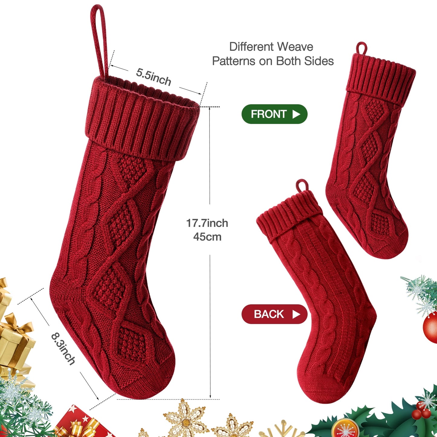 Ayieyill 6Pack Christmas Stockings, 18" Large Knitted Stocking Personalized Xmas Hanging Stocking Decorations with Name Leather Patches for Holiday Christmas Party Family Decor