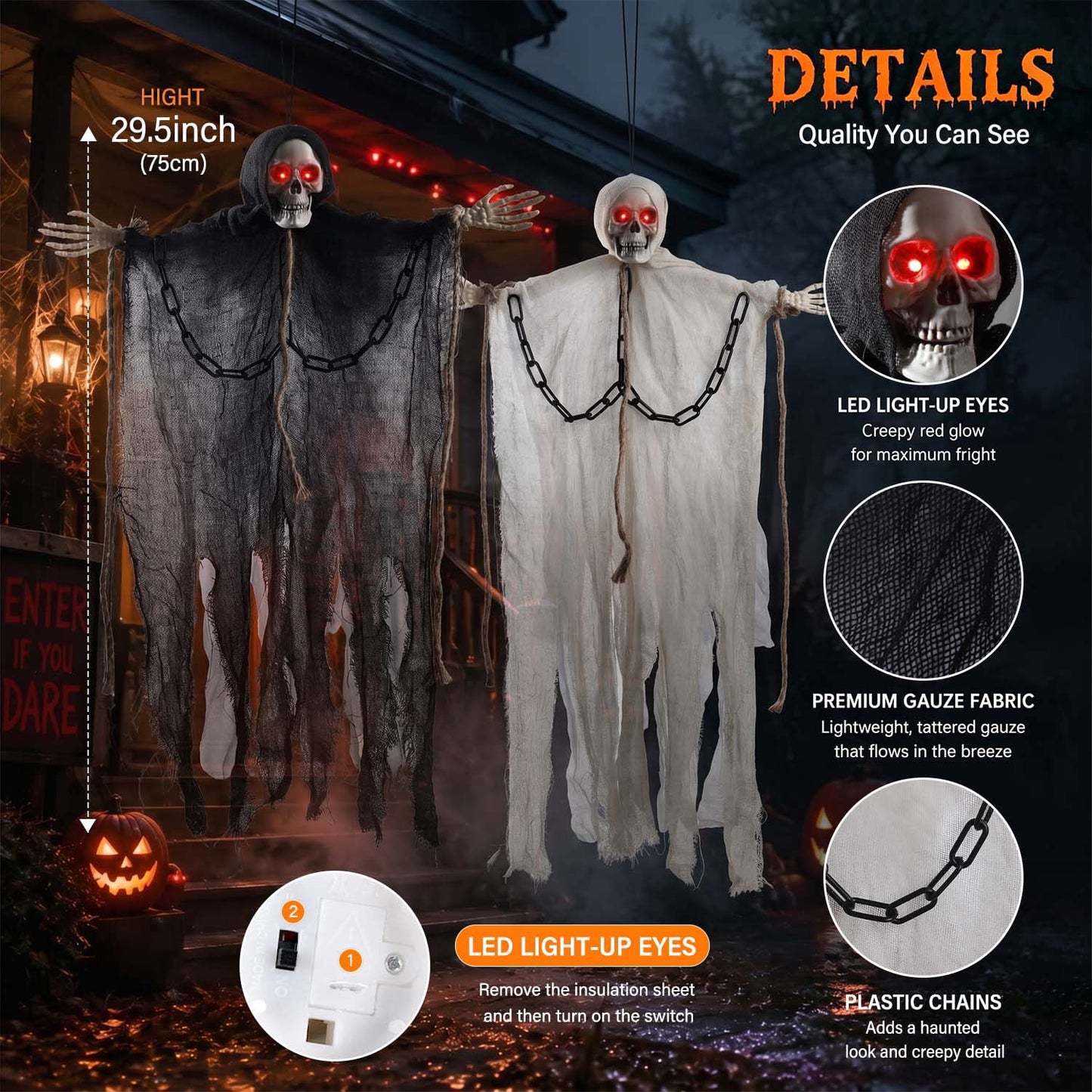Ayieyill 2Pcs Hanging Ghost Skeleton Decorations, Spooky Halloween Decor for Outdoor Yard Haunted House Party