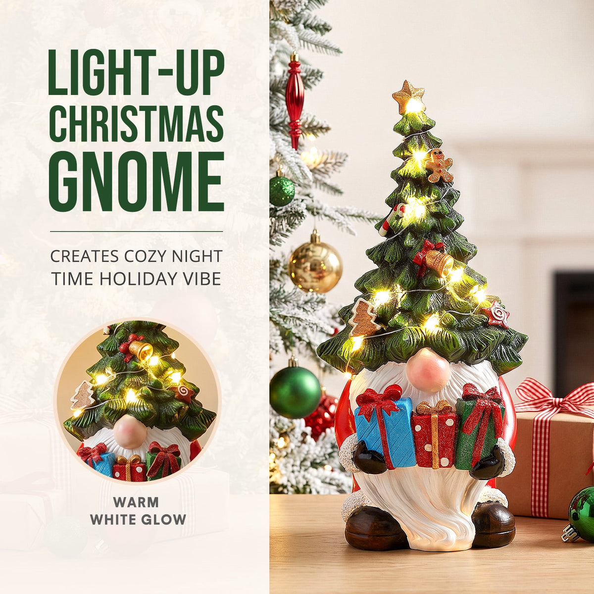 Ayieyill Christmas Gnome Decorations, 11-Inch Lighted Resin Gnome Christmas Tree Figurine with LED Lights for Indoor Christmas Decor on Bookshelves, Mantels and Tabletops