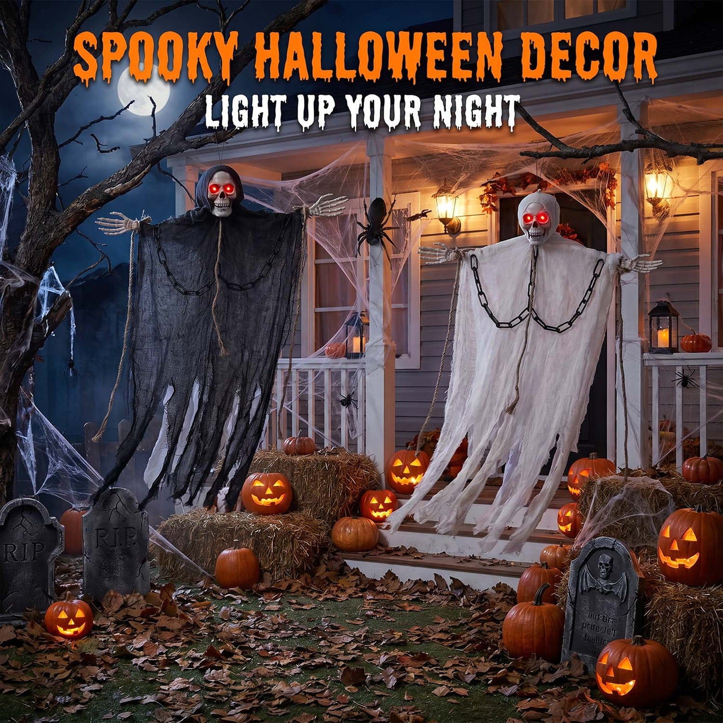 Ayieyill 2Pcs Hanging Ghost Skeleton Decorations, Spooky Halloween Decor for Outdoor Yard Haunted House Party