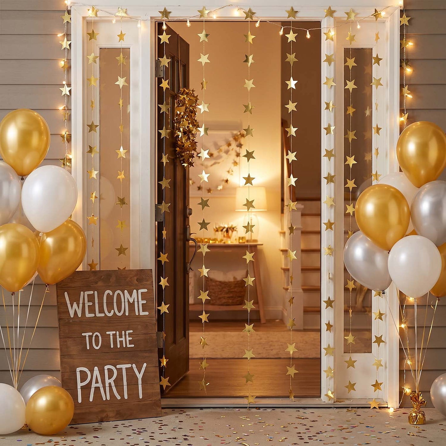 Ayieyill Glittering Gold Star Garland, 130FT Hanging Stars Banner, Star Backdrop, Perfect for Christmas Decorations, Halloween and Graduation Season