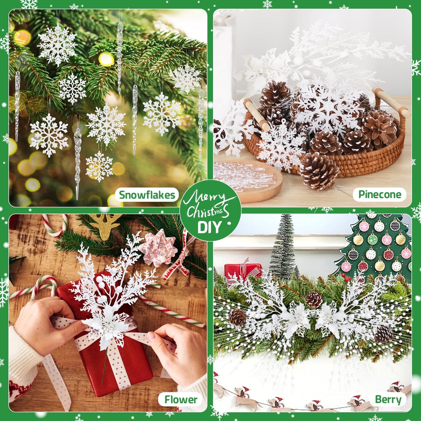 Ayieyill 84Pcs Christmas Tree Decorations Flowers, Artificial Glitter Berry Stems Christmas Pine Cones, Snowflake Icicle Drop Crystal Ornaments