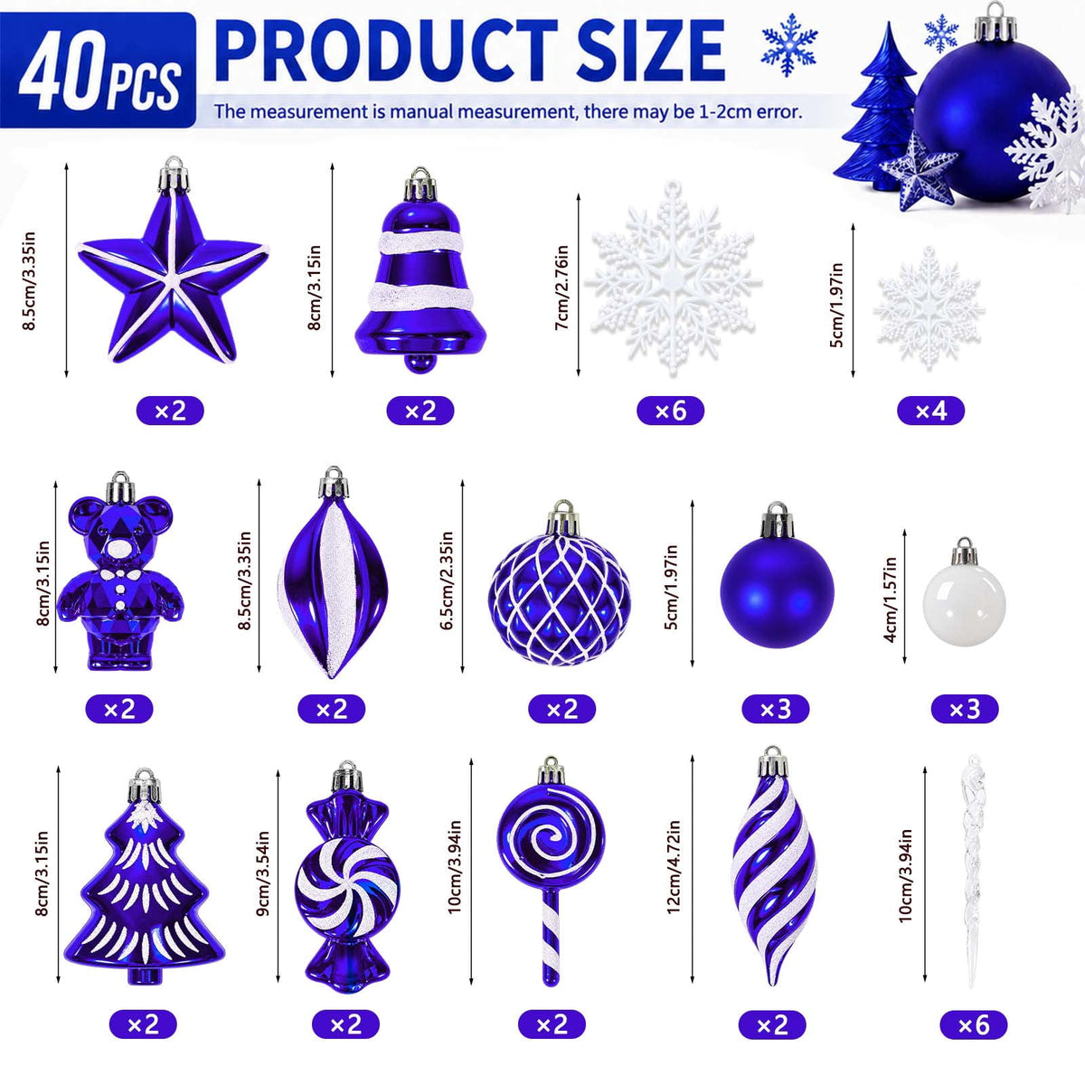 Ayieyill 40ct Christmas Ball Ornaments, Candy Cane Christmas Ornament Set, Shatterproof Christmas Ball with Rope for Tree