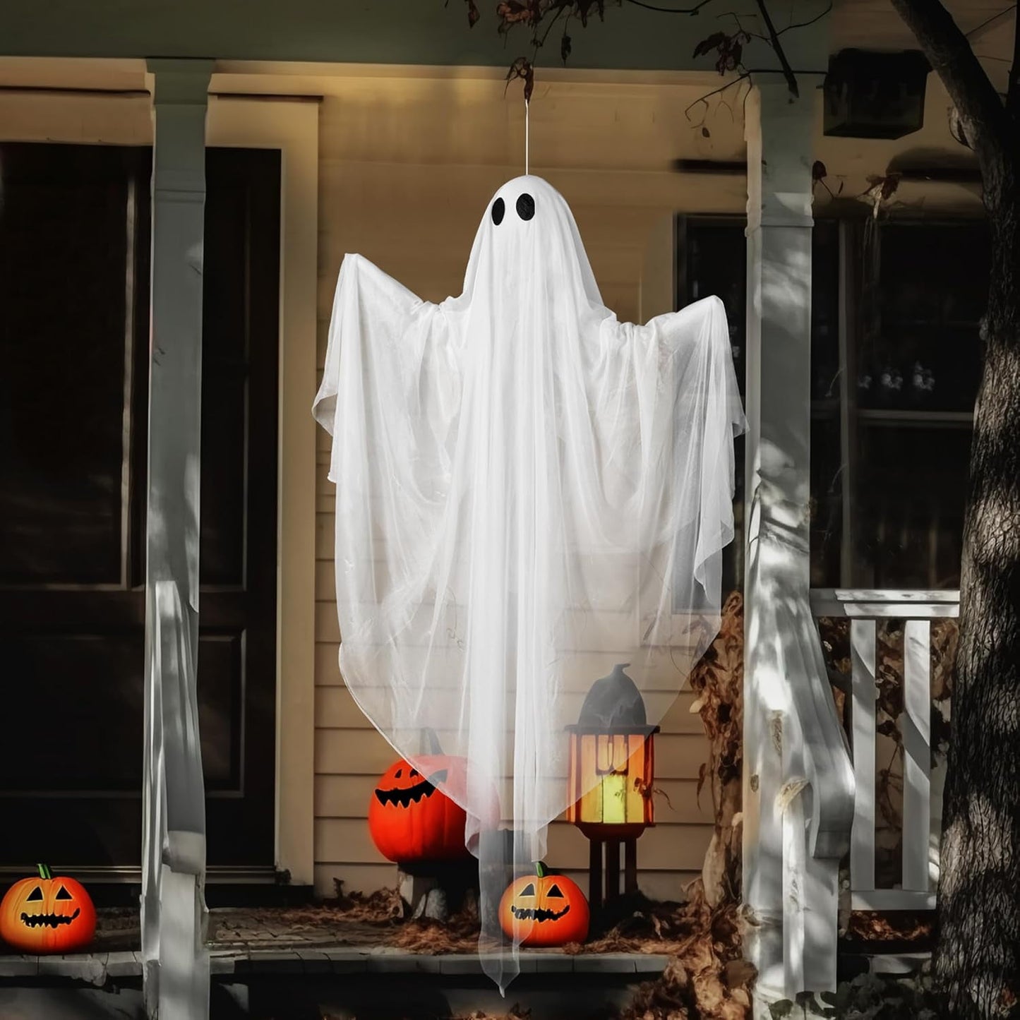 Ayieyill Halloween Ghost Decor with Blue LED Light, 47” Light up Hanging Ghost Halloween Yard Porch Decorations Outdoor