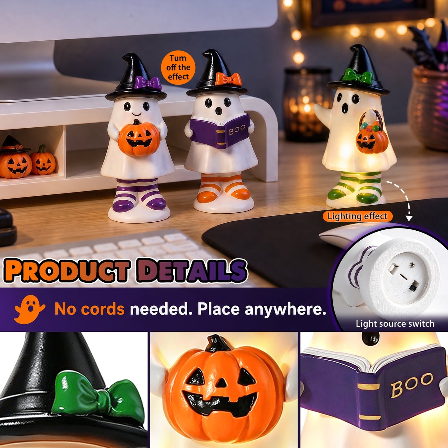 Ayieyill 3pcs Cute Spooky Ceramic Ghost for Halloween Decoration Indoor, Halloween Decorations,Ghost Figurines with Hats - Halloween Table Decorations