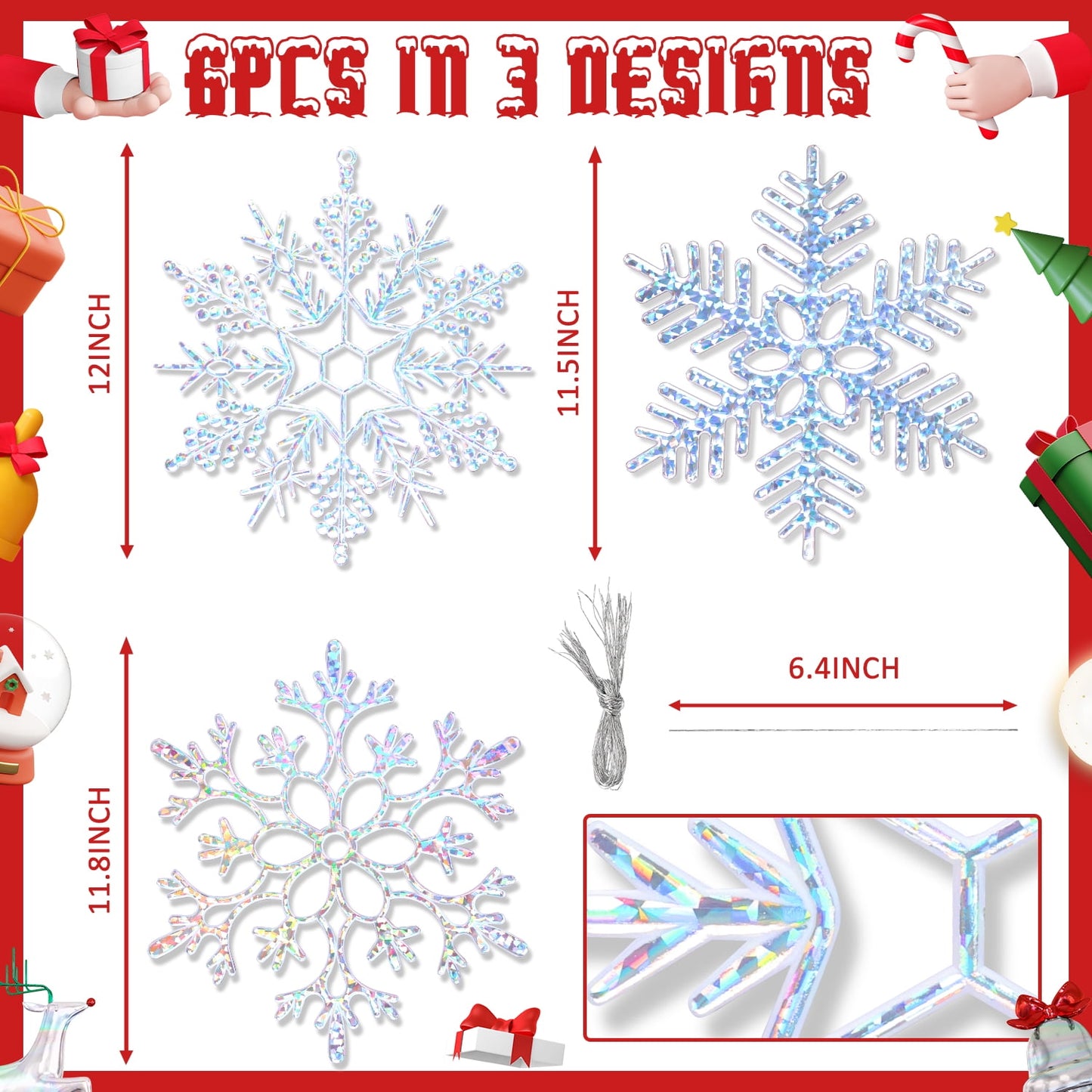 Ayieyill 6pcs Large White Snowflakes Decorations, 12” Big Plastic Glitter Snowflake for Winter Indoor Outdoor Christmas Tree Decorations Giant Craft Snowflakes